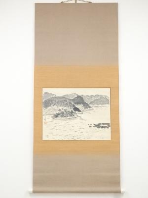 昭和51年　義郎筆　河口湖の図　肉筆紙本掛軸（共箱）